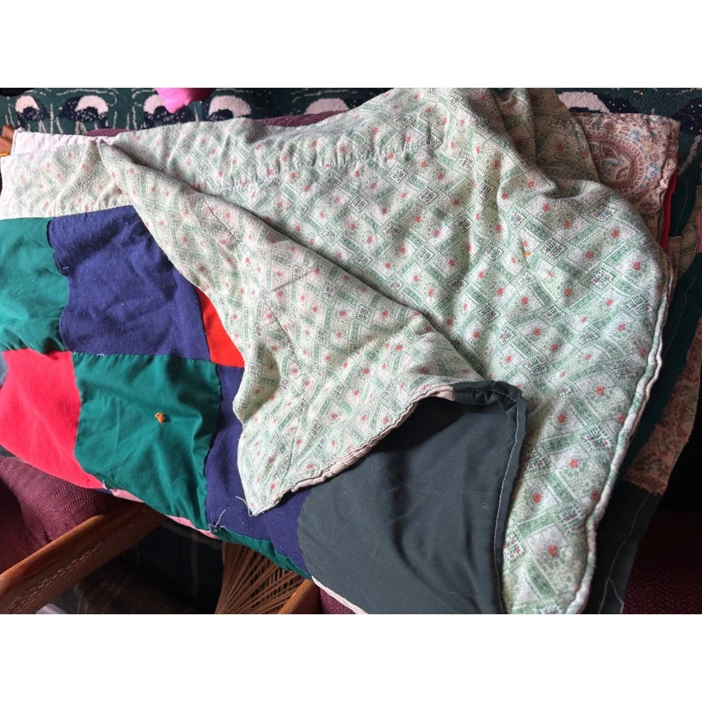 Vintage Handmade Patchwork Tied Quilt Multi Color Plaid Paisley Block Farmhouse
